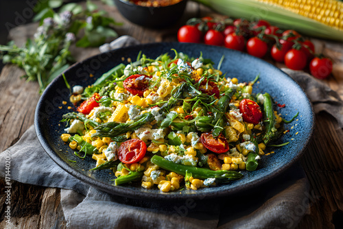Warm Corn & Asparagus Salad with Cheese and Tomatoes