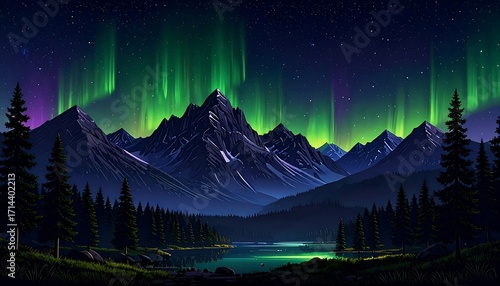 A vibrant nightscape showcases majestic, snow-dusted mountain peaks under a mesmerizing display of green and purple aurora borealis. A tranquil lake reflects the colorful sky, framed by a lush forest