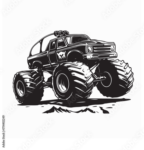Monster Truck Vector Illustration with Big Wheels on White Background Design