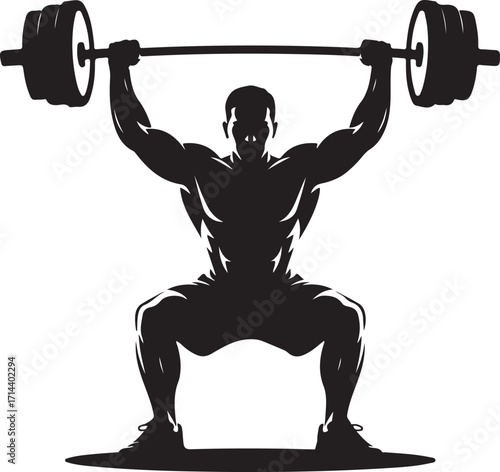  Black silhouette of crossfit athlete lifting weights, white background, minimal style