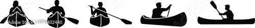 Silhouette illustration of people paddling canoe boats with oars, outdoor adventure activity, water sports, river exploration, kayaking lifestyle, teamwork, recreational fitness, freedom