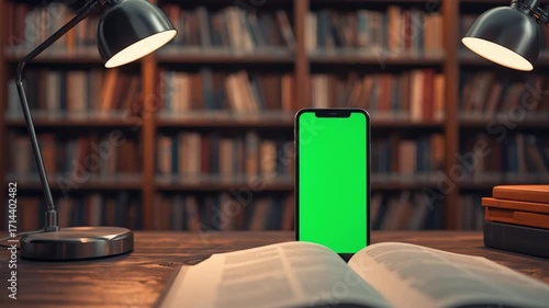 A smartphone with a green screen displayed on a wooden table in a cozy library with bookshelves