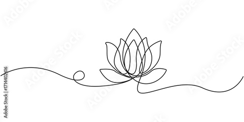 Lotus flower continuous one line drawing. Wellness concept in simple linear style. Lotus flower in single continuous line drawing style for logo or emblem. Water lily outline vector illustration