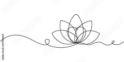 Lotus flower continuous one line drawing. Wellness concept in simple linear style. Lotus flower in single continuous line drawing style for logo or emblem. Water lily outline vector illustration