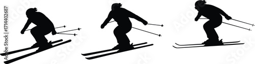 Silhouette illustration of skiers in action, extreme winter sports, downhill skiing, outdoor adventure activity, snow sport performance, alpine mountain competition vector design