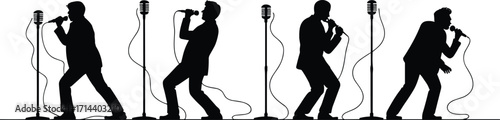 Silhouette male singers performing with retro microphones, music concert illustration,