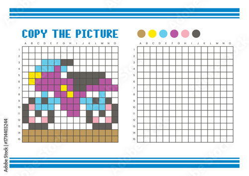 Copy the picture grid drawing worksheet for kids. Pixel art motorcycle