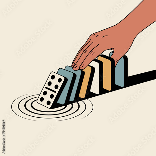 Hand initiates domino effect with a gentle touch on the first piece triggering a chain reaction of falling objects symbolizing cause and consequence vector