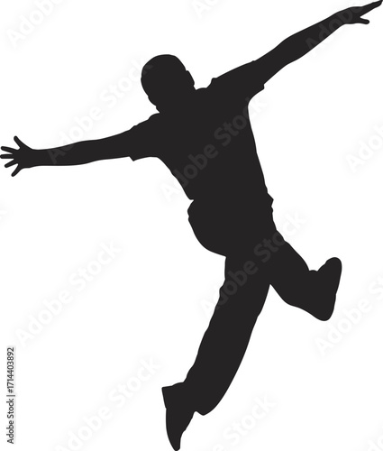 Silhouette of energetic man jumping with arms spread wide, dynamic body pose, freedom movement, modern dance, joy, excitement, performance art, active lifestyle expression