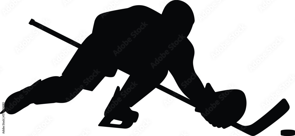 Foto Silhouette of ice hockey player in action with stick and puck, professional athl