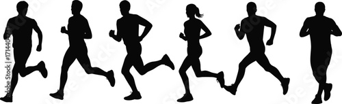 Silhouette of people running in motion, jogging athletes, marathon training, fitness exercise, sport activity vector illustration isolated on white background design