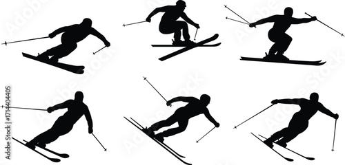 Silhouette of skiers performing extreme downhill skiing, freestyle jumps and turns, professional winter sport athletes action illustration, mountain snow skiing vector design