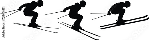 Silhouette of skiers performing jump tricks with poles, extreme winter sports action, downhill skiing illustration, professional athlete freestyle snow sport vector graphic design