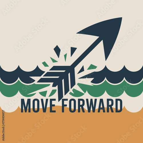 Arrow breaking through water waves symbolizing progress and overcoming obstacles with 'move forward' text vector