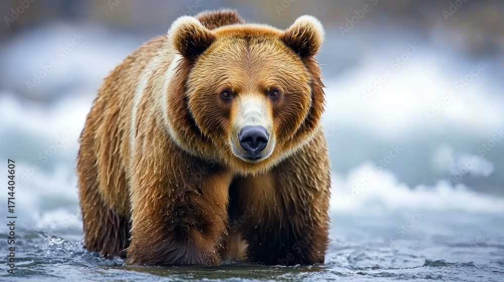 Fototapeta premium A lone brown bear fishing for salmon in a pristine Alaskan river.