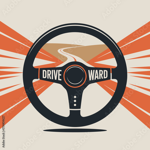 Classic car steering wheel with road ahead emblematic of journey and automotive passion abstract artwork vector