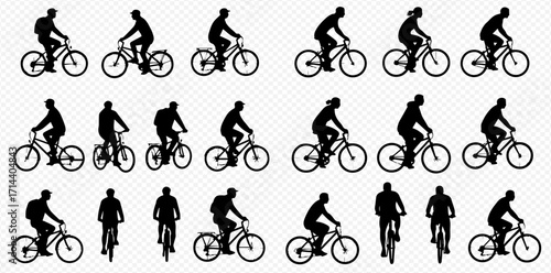 Set of black silhouettes showing diverse people riding bicycles from multiple perspectives, including side profiles, front, and rear views.