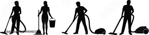 Silhouette people cleaning with vacuum cleaner, mop and bucket, household chores concept, home maintenance, domestic work illustration for cleaning service design resources