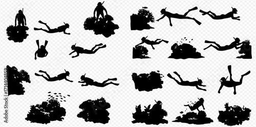 Collection of black silhouettes depicting snorkelers, divers, coral reefs, and fish in various underwater exploration poses.