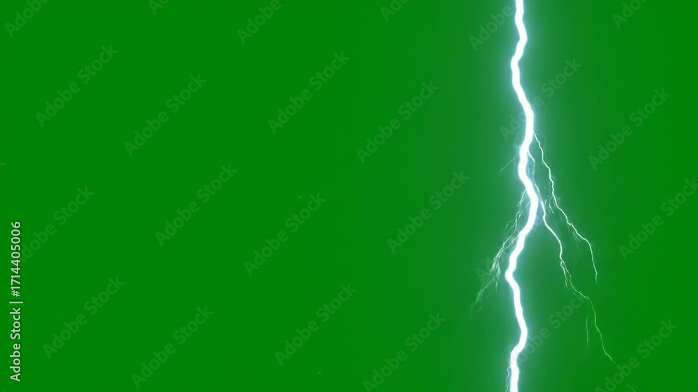 Lightning Strike Green Screen Effect - A bright white lightning bolt effect is shown against a solid green screen background. This digital effect is ideal for compositing into various video projects.