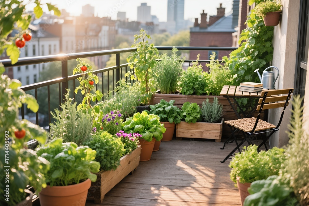 Fototapeta premium A stunning balcony, beautifully adorned with lush plants, vibrant herbs, and fresh vegetables, basking in warm sunlight