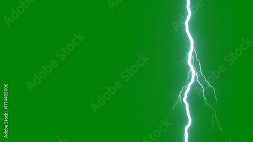 Lightning Strike Green Screen Effect - A bright white lightning bolt effect is shown against a solid green screen background. This digital effect is ideal for compositing into various video projects.
