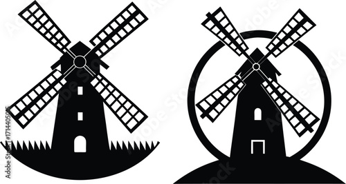 Farm windmill silhouette on white. classic American windpump silhouette. Vector black silhouette of mill isolated on white background. Vector illustration.