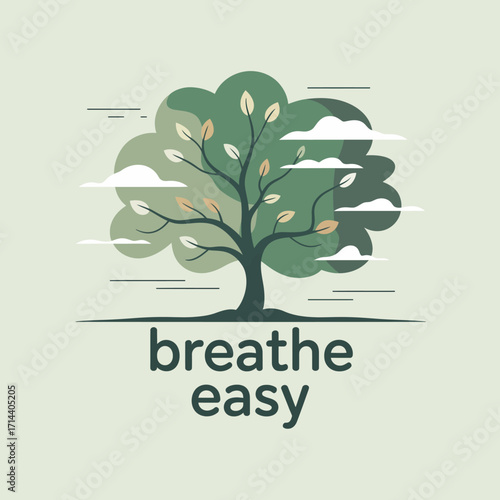 Minimalist tree design with 'breathe easy' text for wellness and nature themes minimalist tree icon symbolizing peace calm serenity and health vector