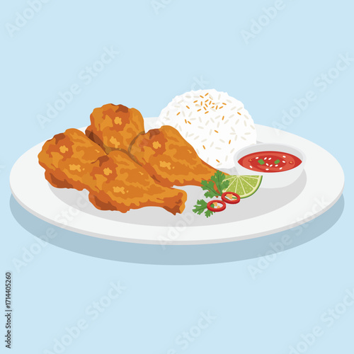 vector flat color of Crispy fried chicken wings served with steamed rice, chili dipping sauce, lime, and fresh herbs on a white plate.