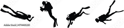 Silhouette scuba divers underwater swimming, exploring ocean with fins and diving gear, marine adventure, underwater sport activity, aquatic exploration and scuba diving illustration design