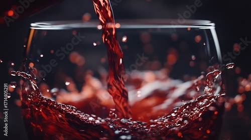 Red liquid pouring into a glass, causing splashing. Dark background, close-up view