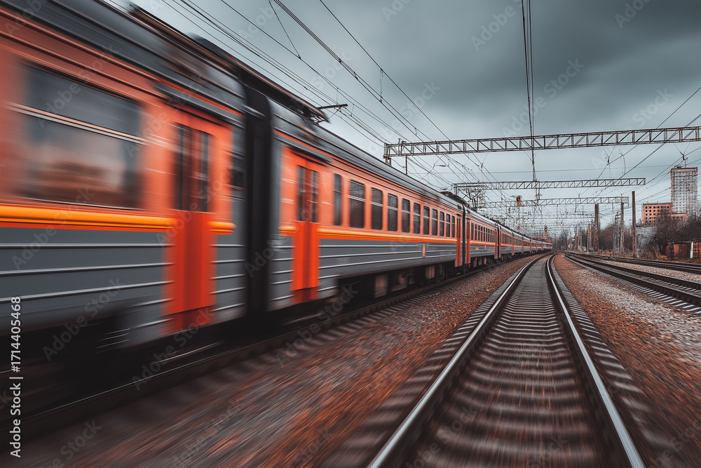 Naklejka premium Train speeds along tracks in a cloudy urban setting