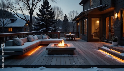Cozy winter evening on a luxurious deck with a warm fire, perfect for relaxation and gatherings