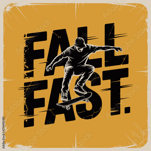 Dynamic skateboarder in action mid-trick over "fall fast" text graphic design emblem for sports and youth culture themes vector