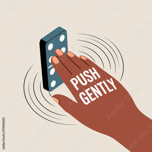 Hand gently pressing domino with push gently text warning of delicate action domino effect concept abstract motion graphic vector