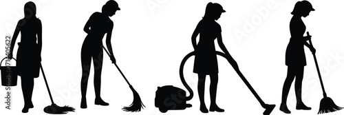 Silhouette women cleaning house with mop, broom, bucket, and vacuum cleaner, housekeeping workers performing domestic chores, home cleaning service concept illustration design