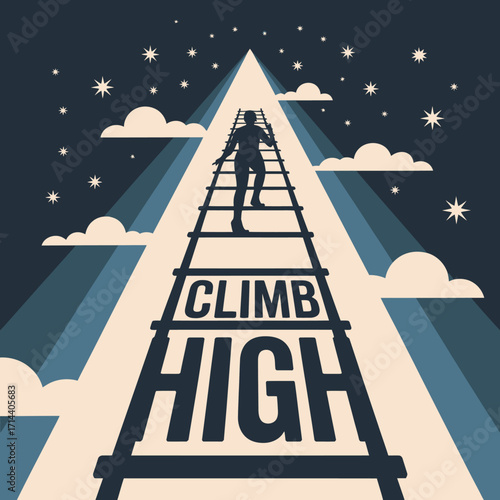 Silhouette figure ascending ladder of success towards bright light and stars symbolizing achievement ambition and reaching goals vector