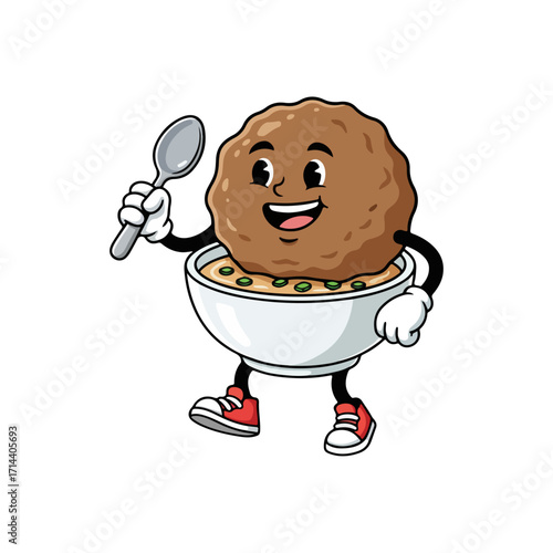 Cartoon Meatball Character in Broth Bowl with Spoon