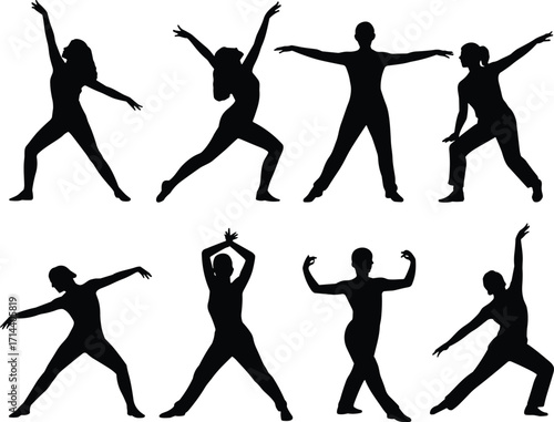 Silhouettes of dancing women performing various poses, modern dance movements, fitness choreography, artistic expression, vector illustration for performance, exercise, creativity, lifestyle projects