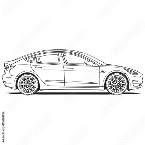Minimal vector line art of a single car, detailed design, isolated on pure white background.