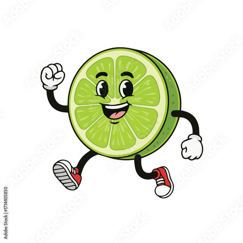 A happy cartoon lime character in motion, with arms and legs, wearing sneakers and running with a smile