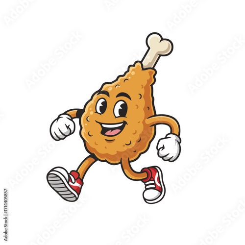 Illustration of a cartoon chicken leg character running with a smile, a fun and energetic character