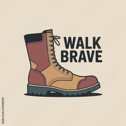 Bold hiking boot with walk brave text symbolizing adventure courage and outdoor exploration journeys vector