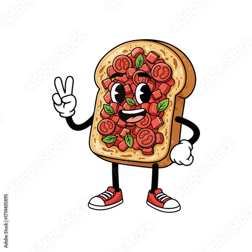 Cartoon bruschetta toast character making a peace sign gesture. A funny vintage mascot vector illustration isolated on white background
