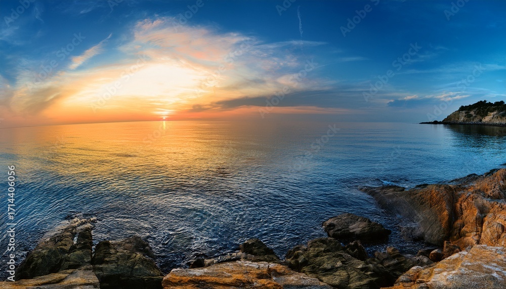 Fototapeta premium Panoramic Sunset Hdr Over Calm Ocean Rocks