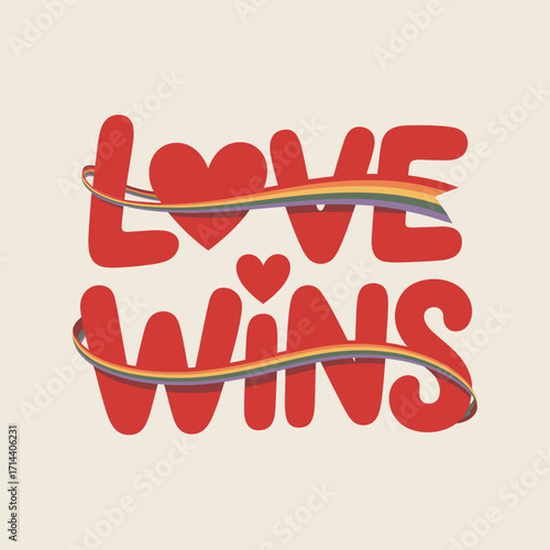 Love wins bold red handwritten font with rainbow stripes celebrating lgbtq pride month and equality with hearts on pale background vector