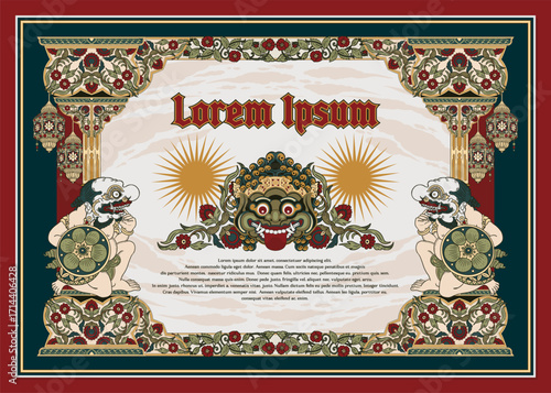 Vintage Barong Mask and Wayang Frame Decoration with Javanese Balinese Ornamental Design