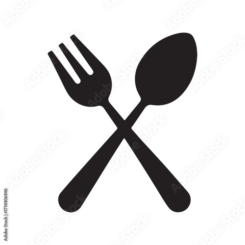 Crossed Black Spoon and Fork Utensil Icon on White