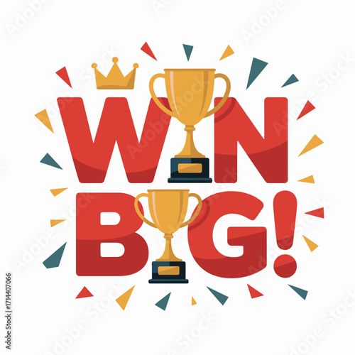 Large bold red typography win big with golden trophies and celebration confetti celebrating success and victory a grand achievement and top prize vector