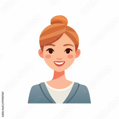 Close-up portrait of a smiling young woman with her hair in a bun, wearing a grey blazer over a white shirt, depicted in a flat illustration style